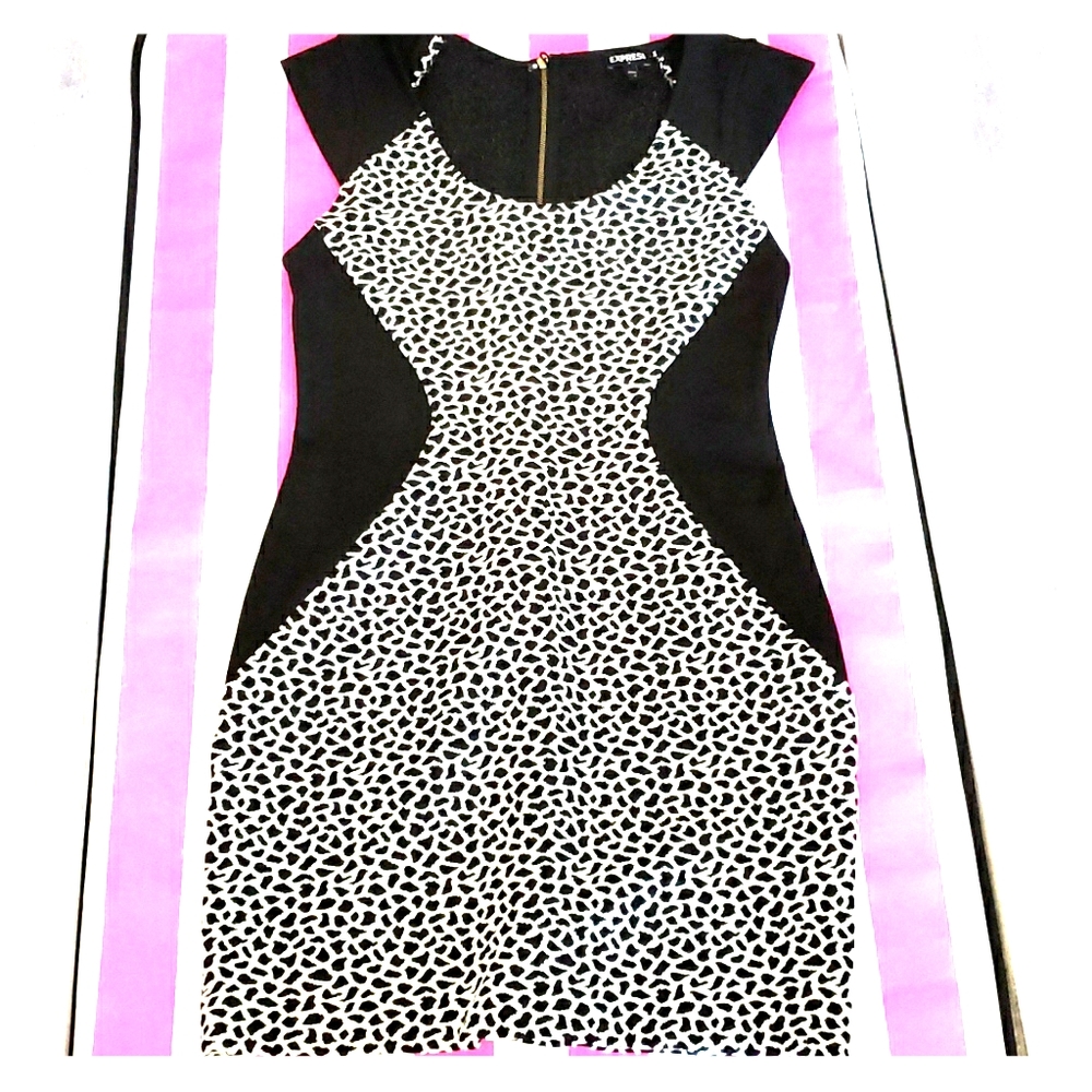 Express Black/White Animal Print Fitted Dress